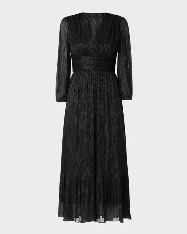 Clara Blouson-Sleeve Metallic Empire Midi Dress